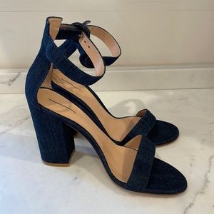 Gianvito Rossi Versilia Blue Denim Block Heel Ankle Strap Open Toe Sandals NEW